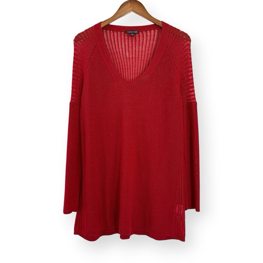 Eileen Fisher Red Merino Wool Mini Stitch V Neck Tunic Sweater S Italian Yarn